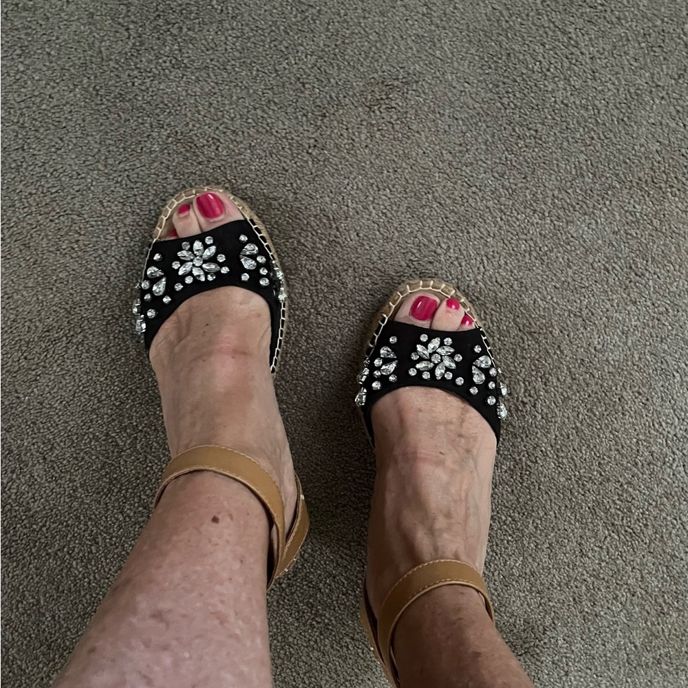 Black Canvas Jeweled Wedge Sandals - Picture 5 of 10